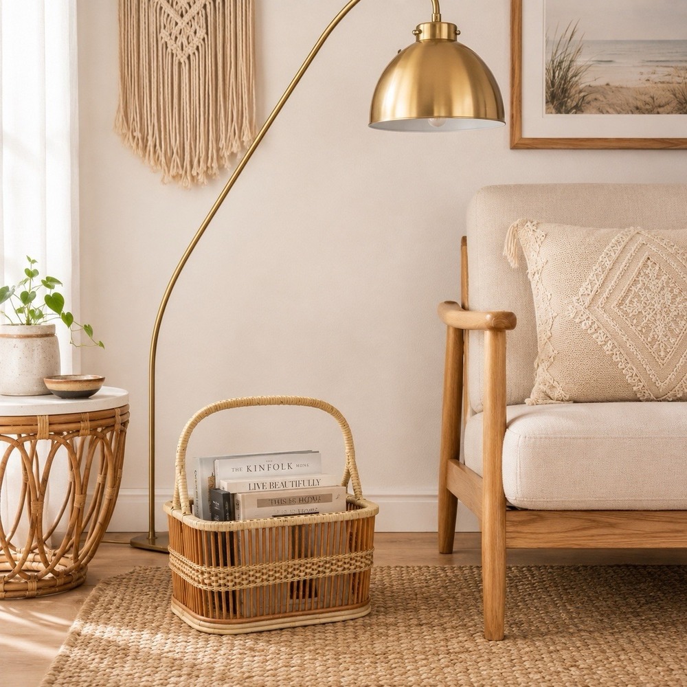 Vintage Woven Rattan Basket Magazine Rack Book Storage Cottage Boho 15Lx11Wx14T